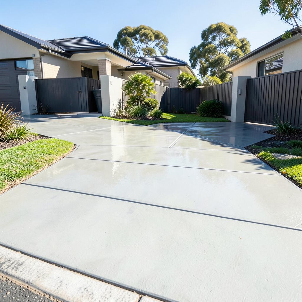 Freshly cleaned concrete driveway at a modern Sydney home