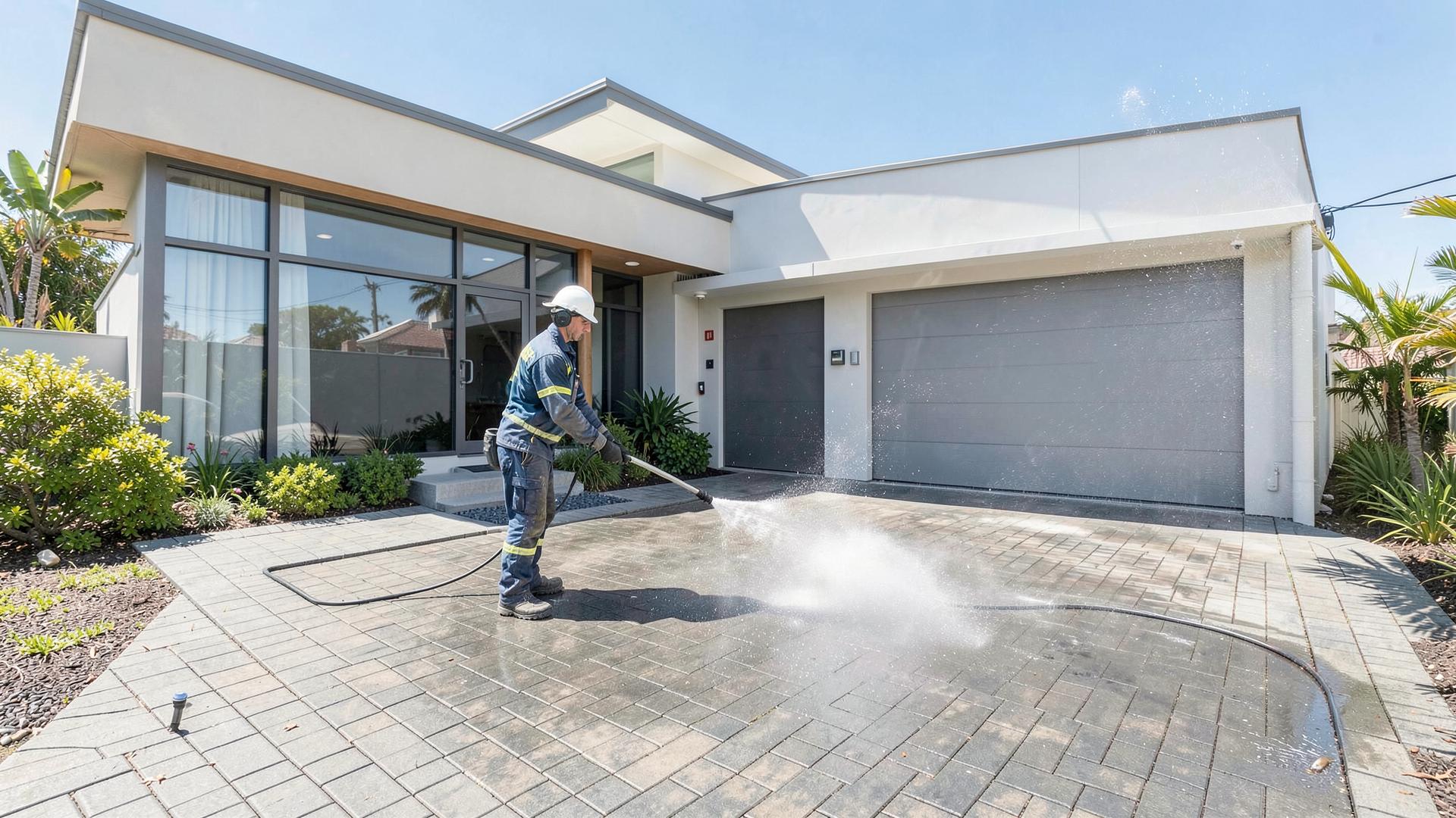 Pressure washing a driveway at a modern Sydney home