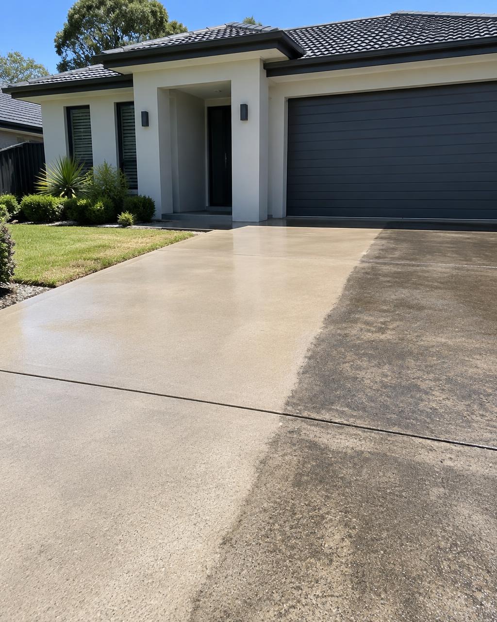 Freshly pressure-washed driveway and clean rendered home exterior